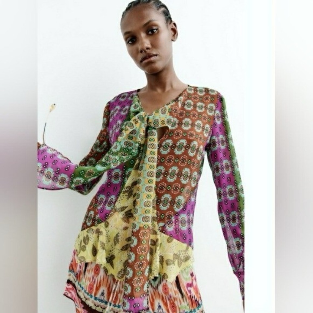 Zara Multicolor Printed Blouse Eclectic Patchwork Bohemian Boho Maximalist Chic